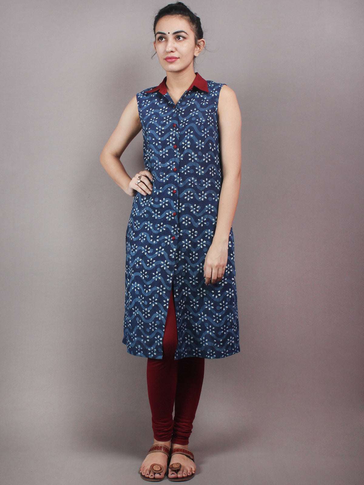 Indigo Ivory Maroon Hand Block Printed Kurti With Open Front With Buttons - K02A17001