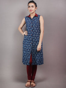 Indigo Ivory Maroon Hand Block Printed Kurti With Open Front With Buttons - K02A17001