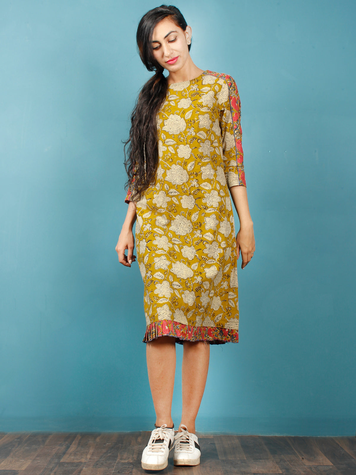 Mustard Black Coral Beige Hand Block Printed Cotton Tunic Dress - D237F1376