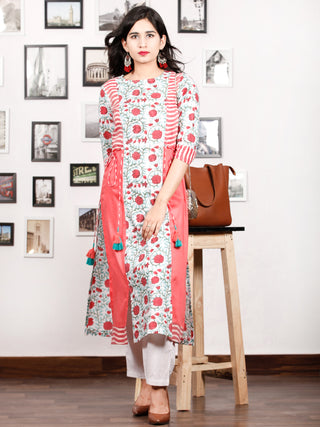 Pink White Green Hand Block Printed & Ikat Kurta in Natural Colors With Tassels - K74F1497