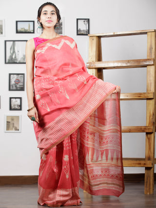 Pink Ivory Hand Block Printed Chanderi Silk Saree With Geecha Border - S031702997