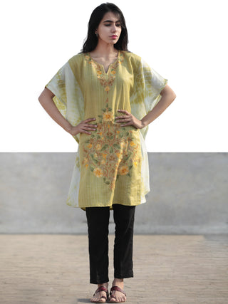 Chartreuse Green Brown Orange Aari Embroidered Short Kashmere Kaftan  - K11K042