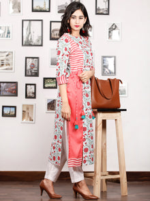 Pink White Green Hand Block Printed & Ikat Kurta in Natural Colors With Tassels - K74F1497