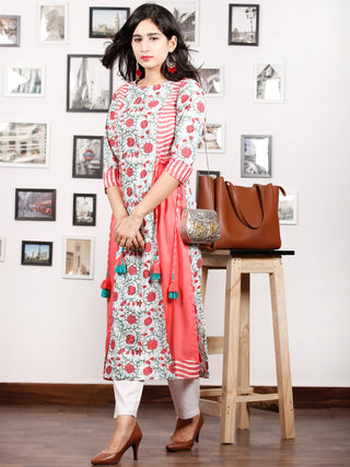 Pink White Green Hand Block Printed & Ikat Kurta in Natural Colors With Tassels - K74F1497