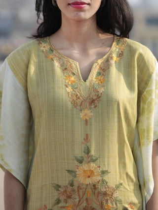 Chartreuse Green Brown Orange Aari Embroidered Short Kashmere Kaftan  - K11K042