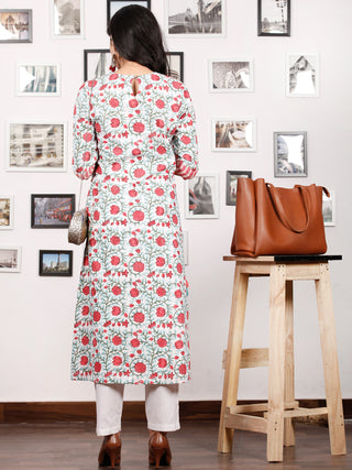 Pink White Green Hand Block Printed & Ikat Kurta in Natural Colors With Tassels - K74F1497