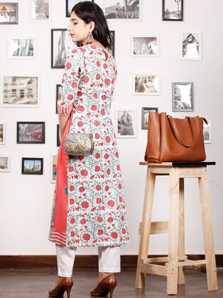 Pink White Green Hand Block Printed & Ikat Kurta in Natural Colors With Tassels - K74F1497