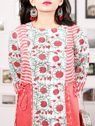 Pink White Green Hand Block Printed & Ikat Kurta in Natural Colors With Tassels - K74F1497