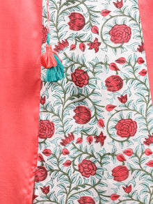 Pink White Green Hand Block Printed & Ikat Kurta in Natural Colors With Tassels - K74F1497