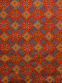 Red Blue Yellow Ajrakh Block Printed Cotton Fabric Per Meter - F003F979