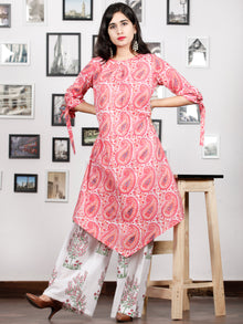 Pink White Blue Hand Block Printed Kurta With Knot sleeves - K89F1480