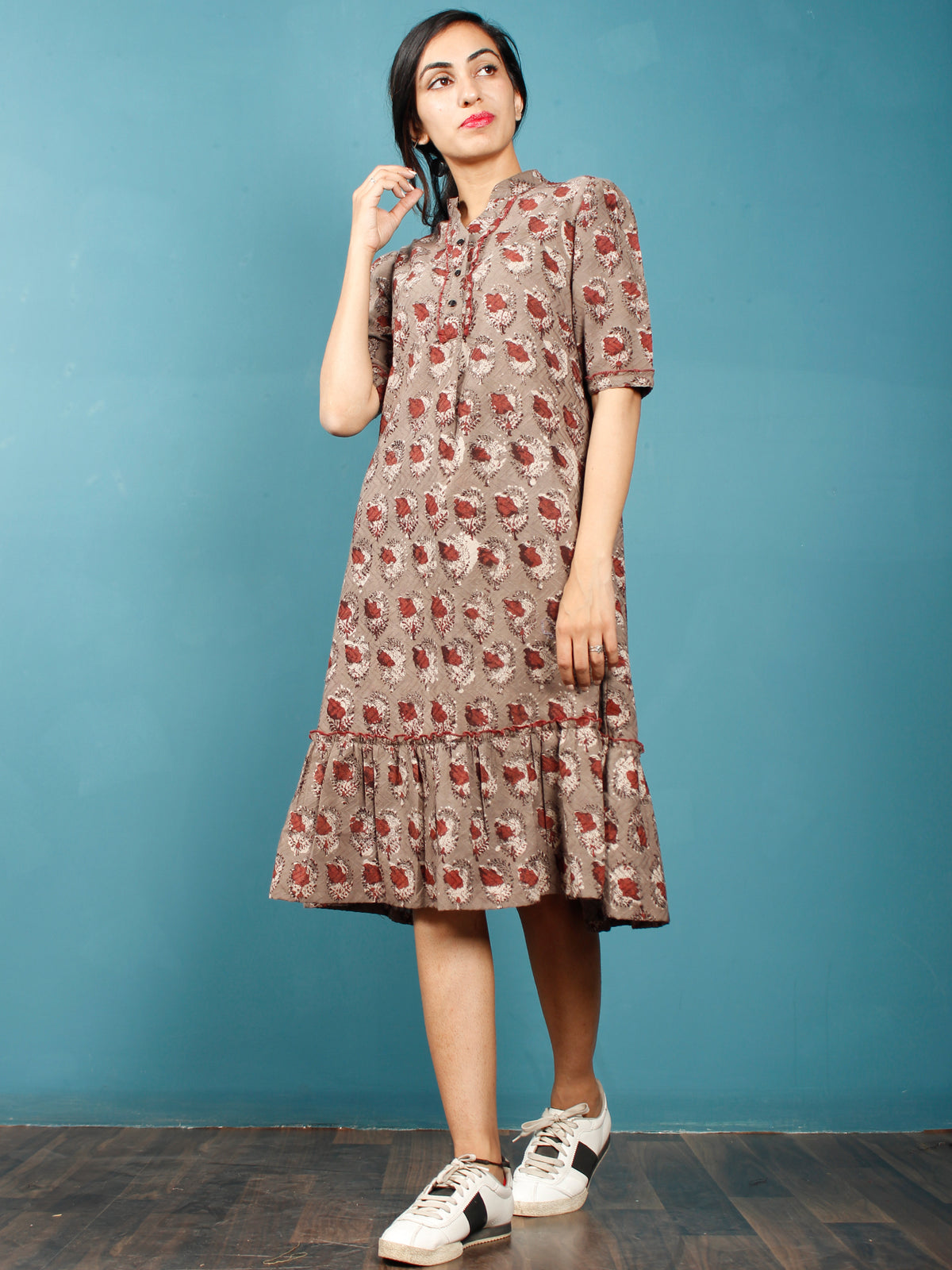 Brown Rust Beige Hand Block Printed Dobby Cotton Frock Dress With Stand Collar - D252F1363