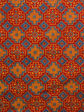 Red Blue Yellow Ajrakh Block Printed Cotton Fabric Per Meter - F003F979
