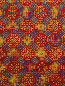 Red Blue Yellow Ajrakh Block Printed Cotton Fabric Per Meter - F003F979
