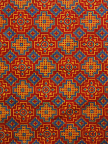 Red Blue Yellow Ajrakh Block Printed Cotton Fabric Per Meter - F003F979