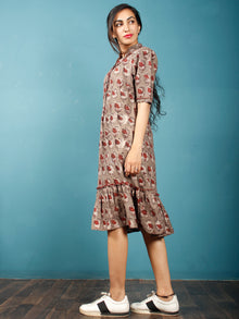 Brown Rust Beige Hand Block Printed Dobby Cotton Frock Dress With Stand Collar - D252F1363