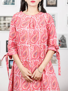 Pink White Blue Hand Block Printed Kurta With Knot sleeves - K89F1480