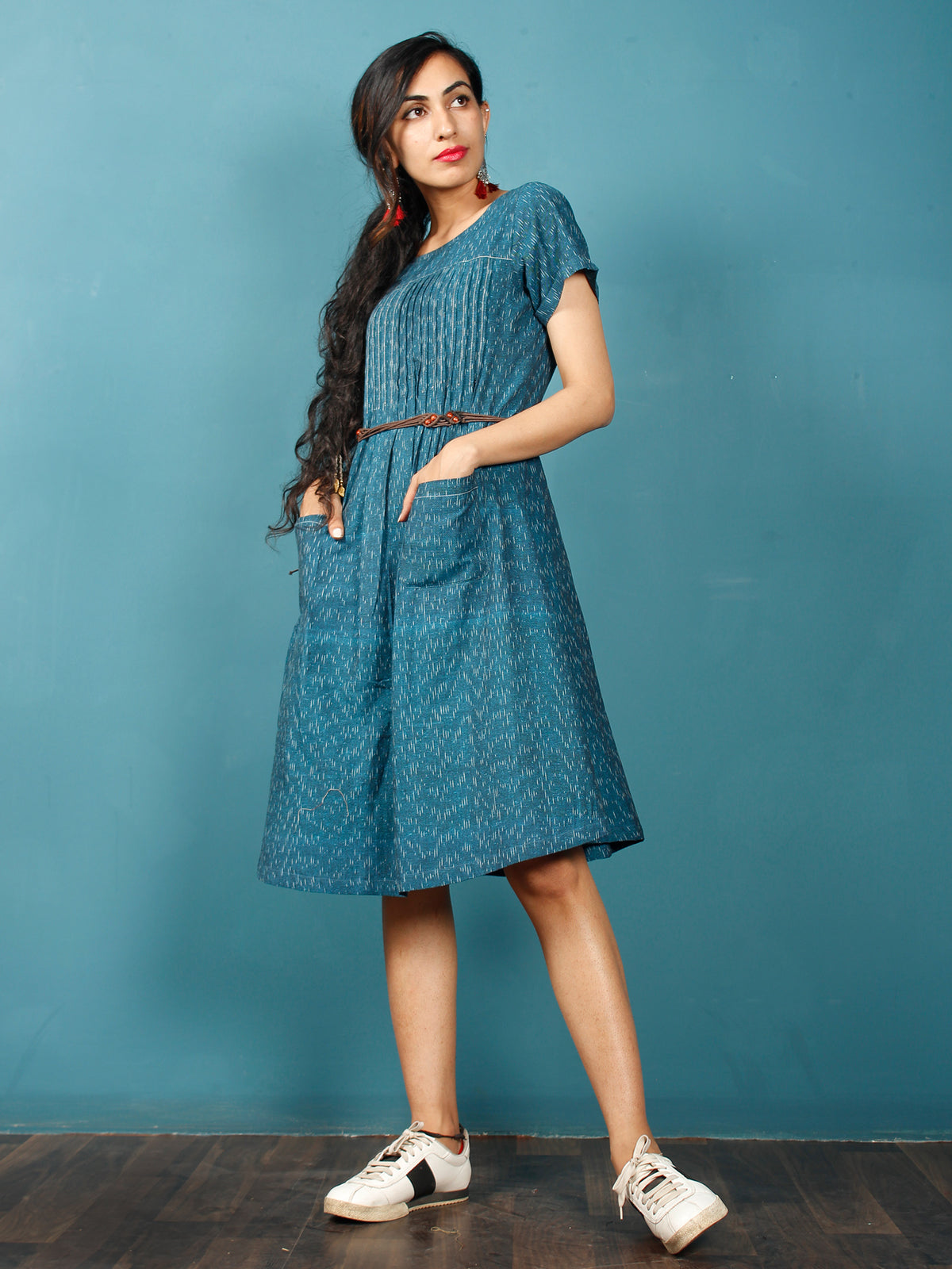 Teal Blue White Ikat Handwoven Cotton Tunic Dress With Front Pockets - D252F935