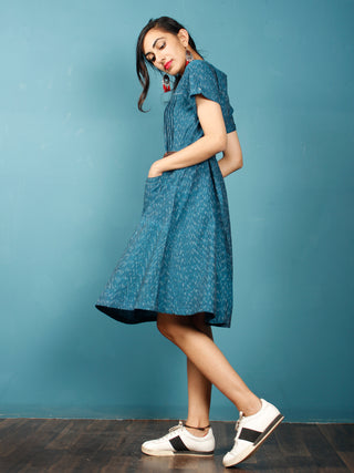 Teal Blue White Ikat Handwoven Cotton Tunic Dress With Front Pockets - D252F935