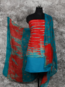 Coral SkyBlue Shibori Hand Block Printed Cotton Suit-Salwar Fabric With Chiffon Dupatta (Set of 3) - SU01HB395