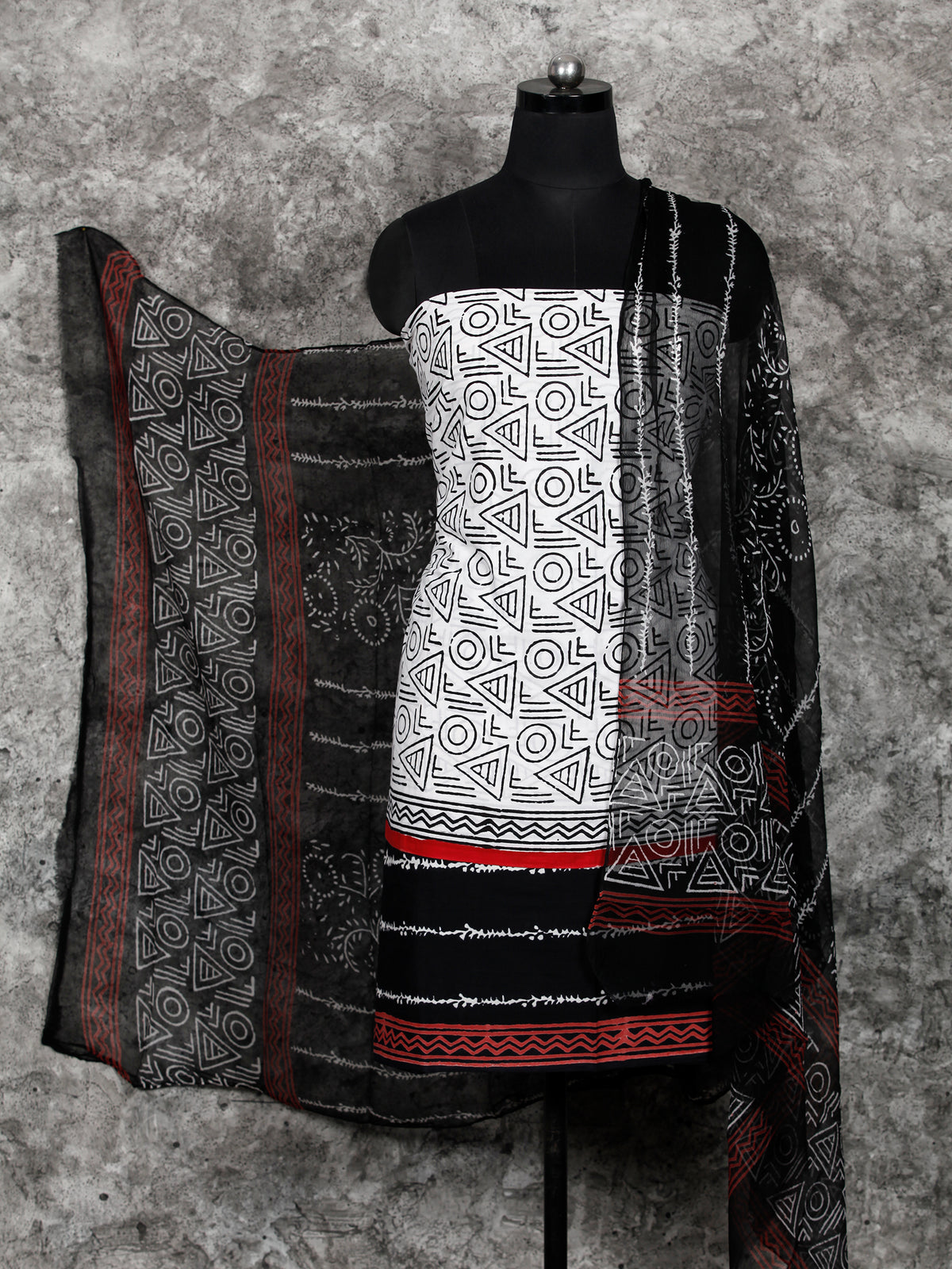 White Black Hand Block Printed Cotton Suit-Salwar Fabric With Chiffon Dupatta (Set of 3) - SU01HB397