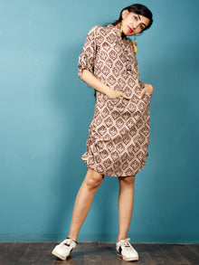Brown Beige Black Hand Block Printed Cotton Short Dress With Front Pockets  - D254F1334