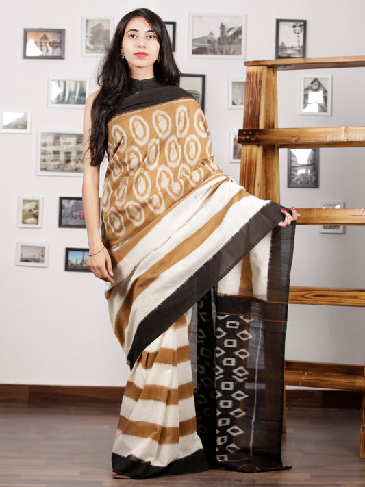 Olive Green Black Ivory Ikat Handwoven Pochampally Mercerized Cotton Saree - S031701429