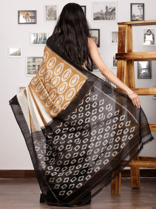 Olive Green Black Ivory Ikat Handwoven Pochampally Mercerized Cotton Saree - S031701429