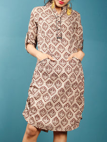 Brown Beige Black Hand Block Printed Cotton Short Dress With Front Pockets  - D254F1334