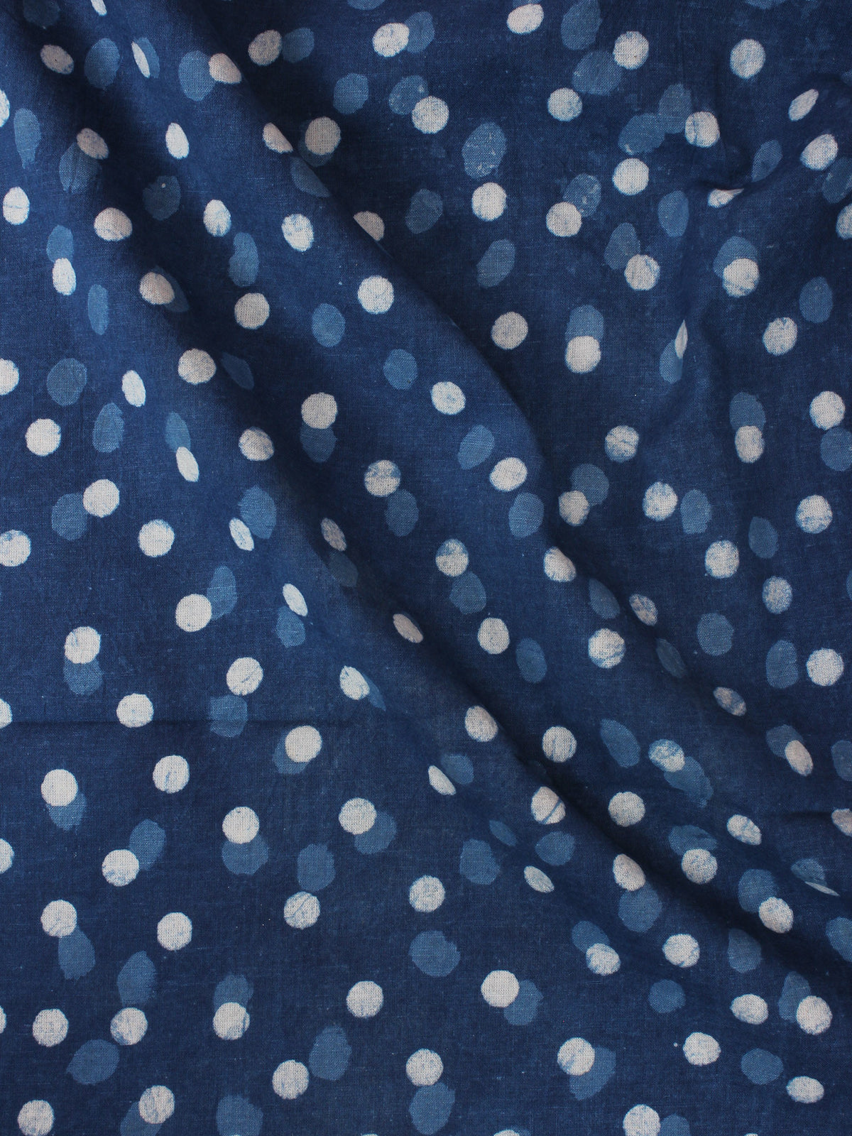 Indigo Blue White Polka Dots Hand Block Printed Cotton Fabric Per Meter - F0916332