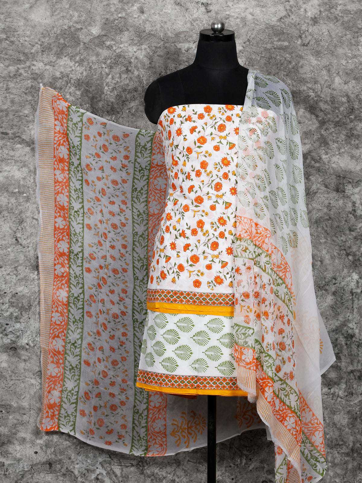 White Orange Green Hand Block Printed Cotton Suit-Salwar Fabric With Chiffon Dupatta (Set of 3) - SU01HB396