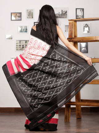 White Pink Black Ikat Handwoven Pochampally Mercerized Cotton Saree - S031701261