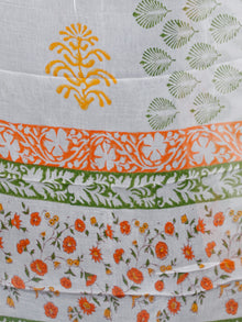 White Orange Green Hand Block Printed Cotton Suit-Salwar Fabric With Chiffon Dupatta (Set of 3) - SU01HB396