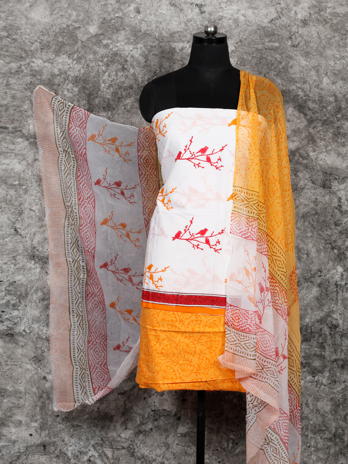White Orange Hand Block Printed Cotton Suit-Salwar Fabric With Chiffon Dupatta (Set of 3) - SU01HB399