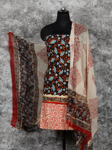 Black Beige Indigo Hand Block Printed Cotton Suit-Salwar Fabric With Chiffon Dupatta (Set of 3) - SU01HB400