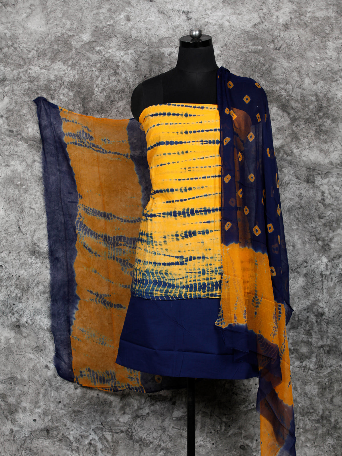 Indigo Yellow Shibori Hand Block Printed Cotton Suit-Salwar Fabric With Chiffon Dupatta (Set of 3) - SU01HB398