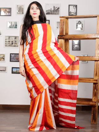 Red Orange Ivory Ikat Handwoven Pochampally Mercerized Cotton Saree - S031701588