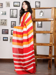 Red Orange Ivory Ikat Handwoven Pochampally Mercerized Cotton Saree - S031701588