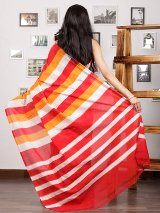 Red Orange Ivory Ikat Handwoven Pochampally Mercerized Cotton Saree - S031701588