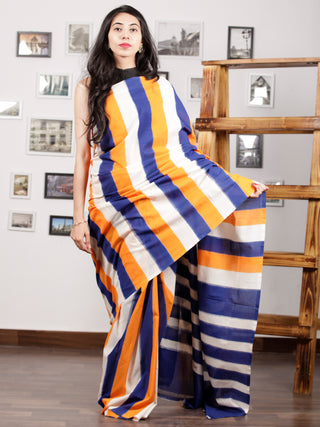 Indigo Orange White Ikat Handwoven Pochampally Mercerized Cotton Saree - S031701590