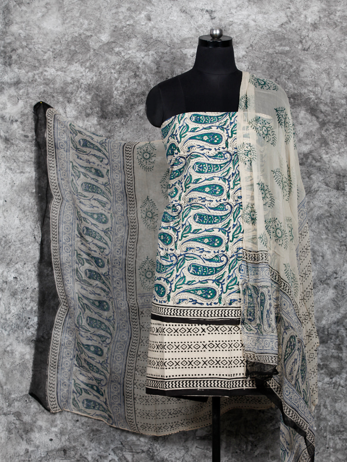 Ivory Green Black Hand Block Printed Cotton Suit-Salwar Fabric With Chiffon Dupatta (Set of 3) - SU01HB401