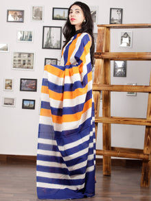 Indigo Orange White Ikat Handwoven Pochampally Mercerized Cotton Saree - S031701590