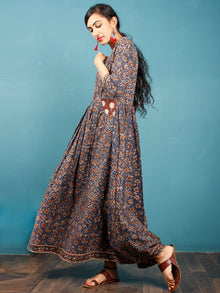 Indigo Black Brown Beige Hand Block Printed Cotton Long Dress With Front Pockets - D259F1378
