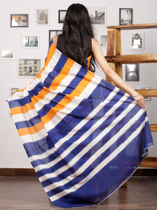 Indigo Orange White Ikat Handwoven Pochampally Mercerized Cotton Saree - S031701590