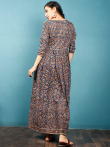 Indigo Black Brown Beige Hand Block Printed Cotton Long Dress With Front Pockets - D259F1378