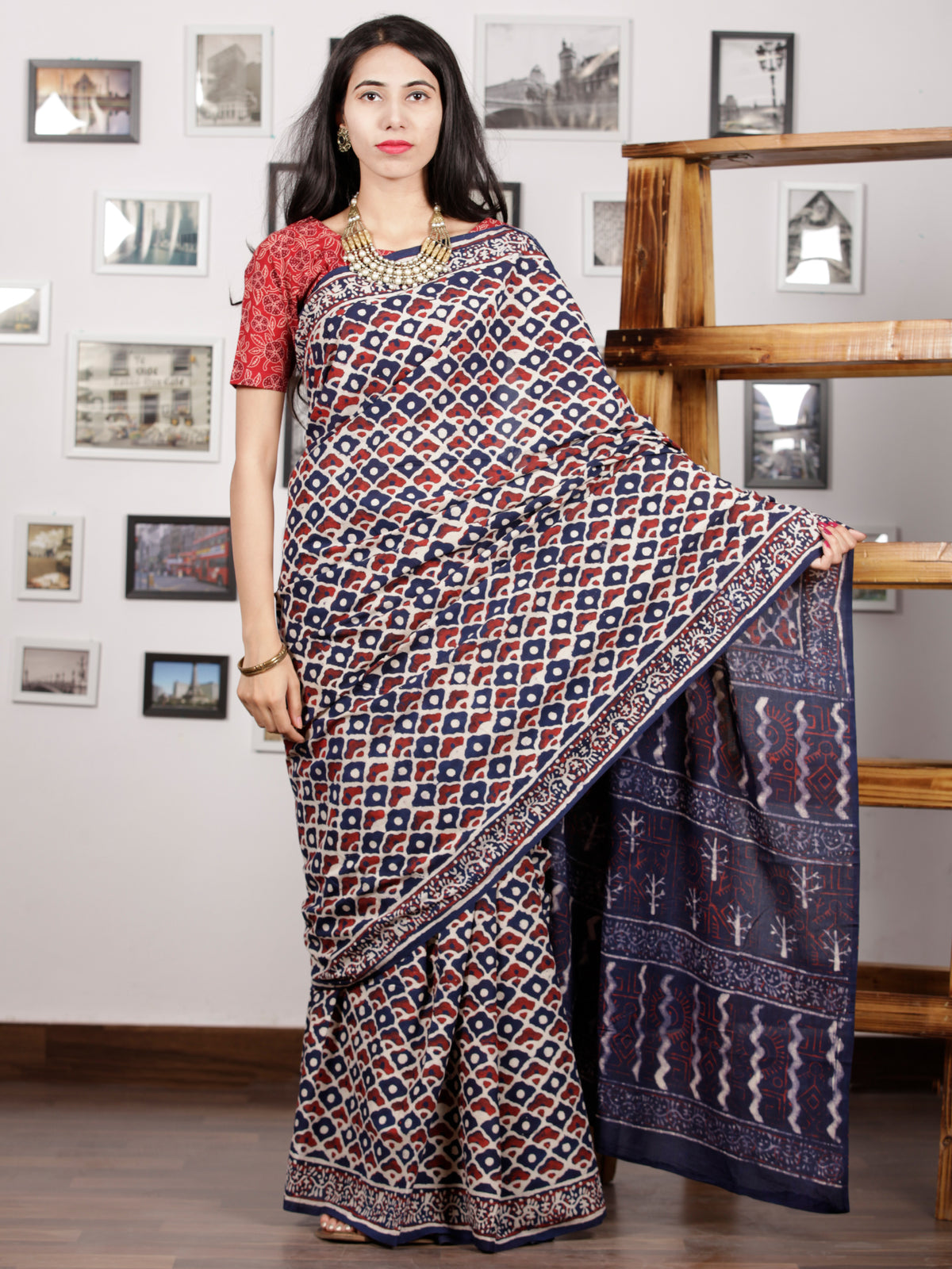 Indigo Red White Hand Block Printed Cotton Mul Saree - S031703002