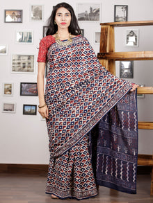 Indigo Red White Hand Block Printed Cotton Mul Saree - S031703002