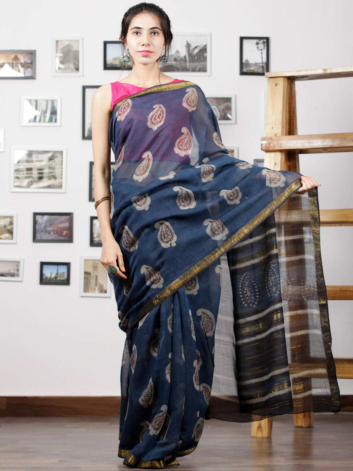Indigo Maroon Beige Hand Block Printed Maheswari Silk Saree With Zari Border - S031702998