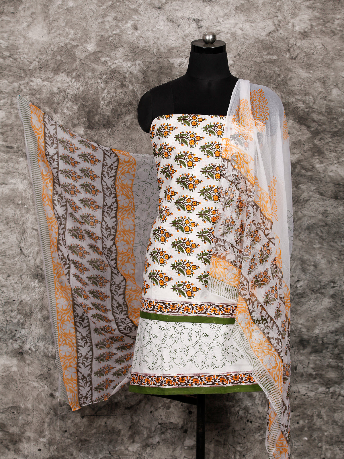 White Orange Green Hand Block Printed Cotton Suit-Salwar Fabric With Chiffon Dupatta (Set of 3) - SU01HB376