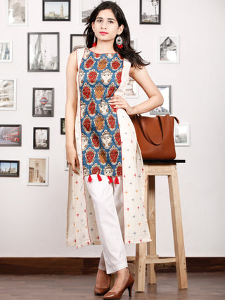 Ivory Blue Maroon Kalamkari Printed & Ikat Sleeveless Cotton Kurta With Tassels - K75F1489